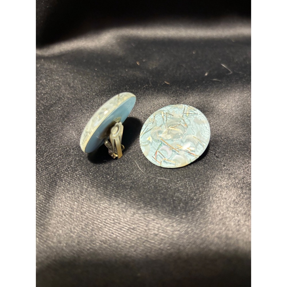 Vintage Light Blue Confetti Lucite Clip On Earrings Circular Mid Century Retro